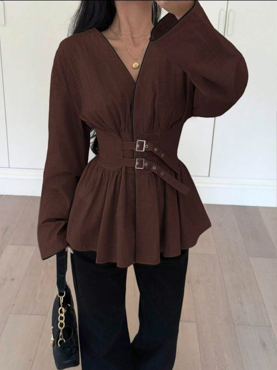Neck Peplum Blouse with Double-Buckle Cinch Waist