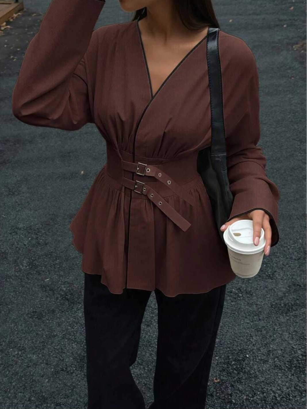 Neck Peplum Blouse with Double-Buckle Cinch Waist