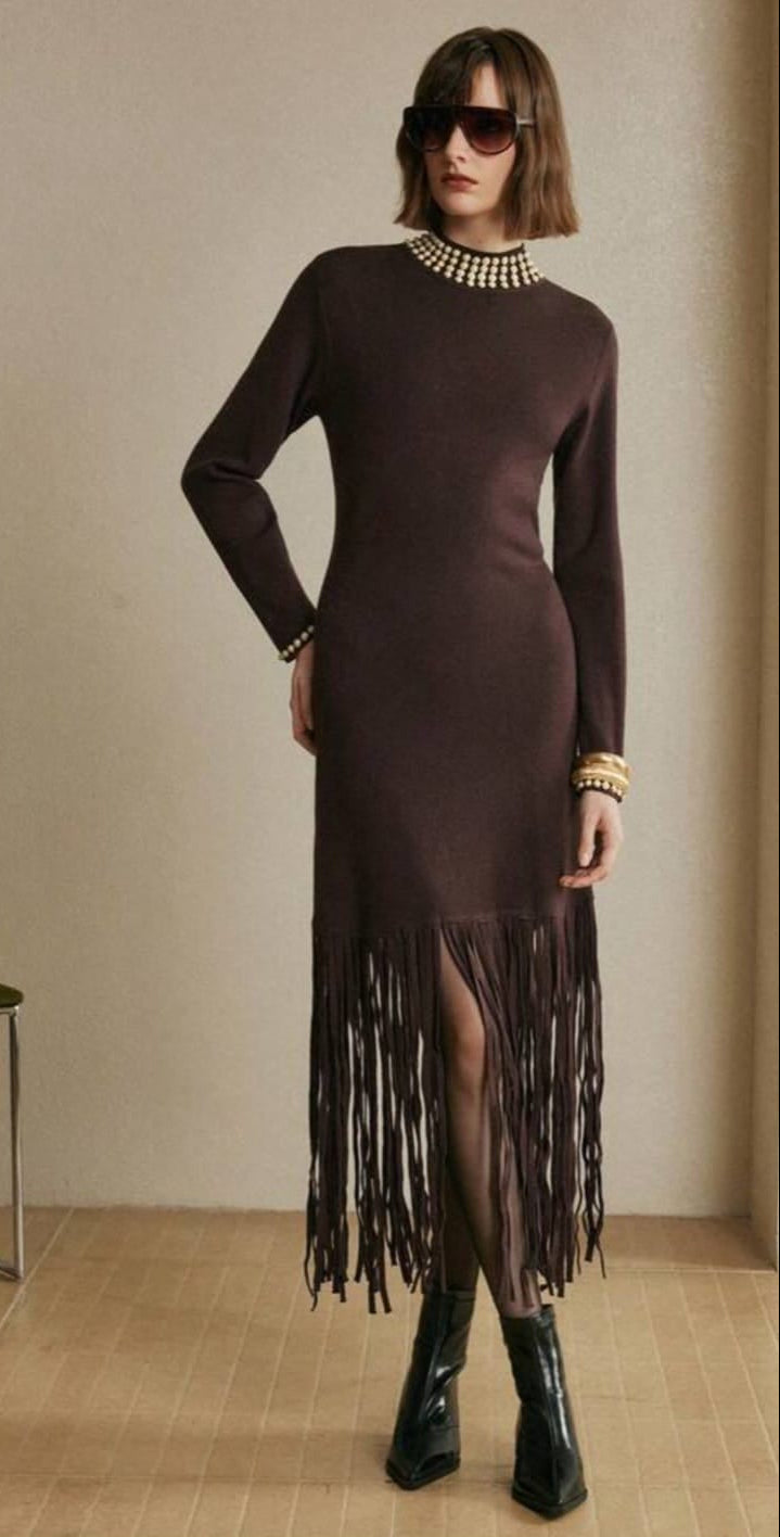 Midnight Espresso Knit Midi Dress with Embellished High-Neck and Fringe Hem