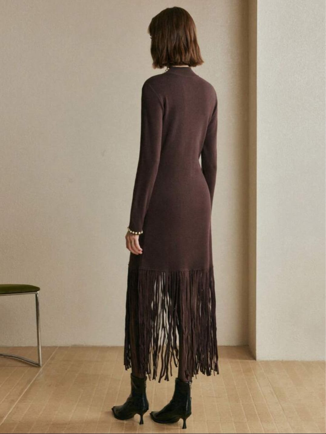 Midnight Espresso Knit Midi Dress with Embellished High-Neck and Fringe Hem