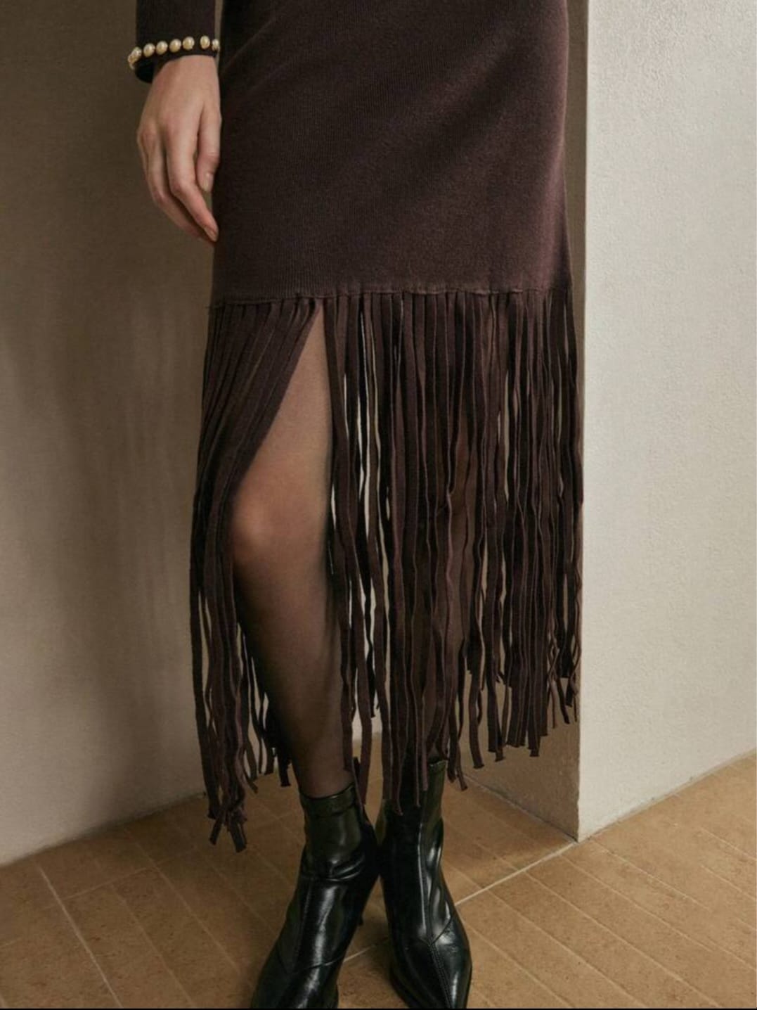 Midnight Espresso Knit Midi Dress with Embellished High-Neck and Fringe Hem