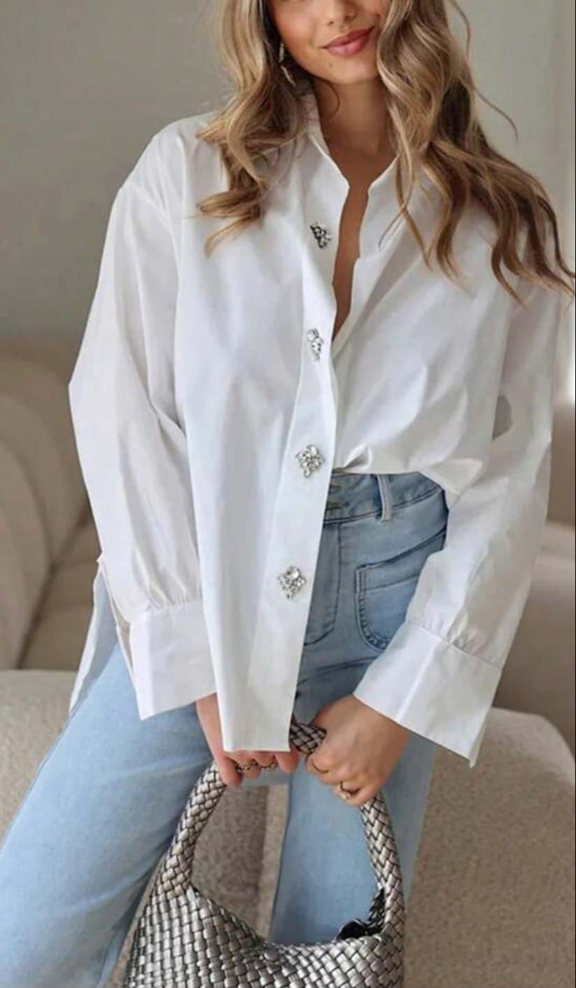Crystal-Embellished Button-Down Cotton Shirt