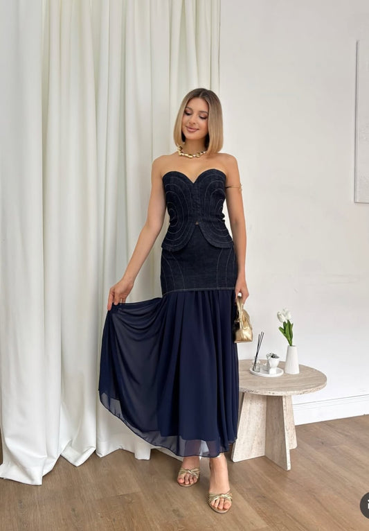 Strapless denim top and chiffon denim skirt set