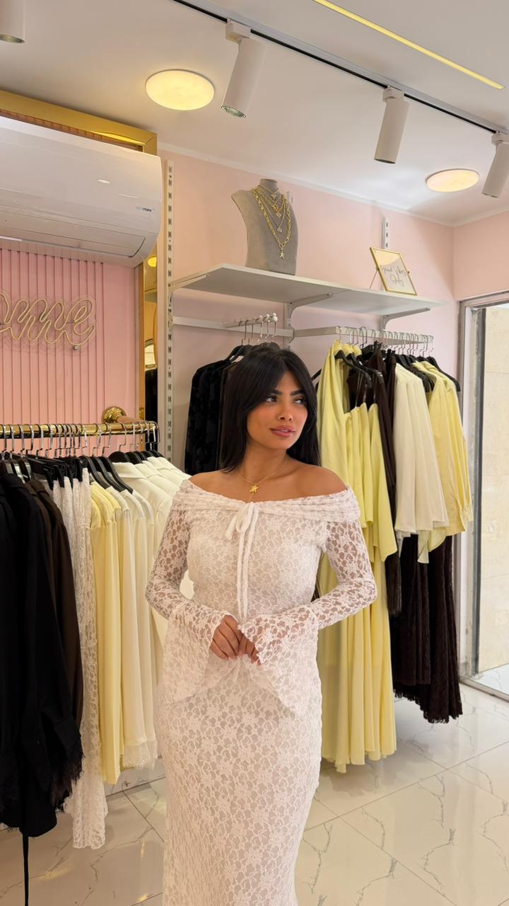 off-shoulder lace maxi dress with wide sleeves