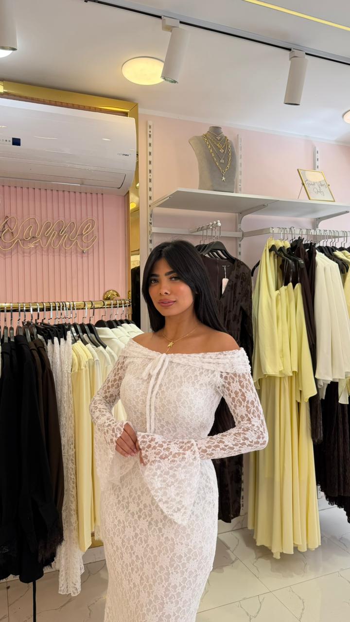 off-shoulder lace maxi dress with wide sleeves