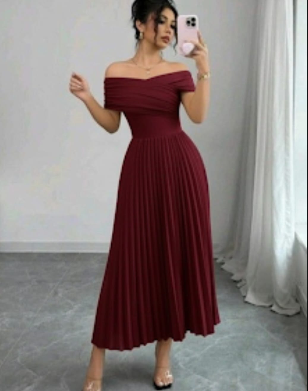 Off-Shoulder Pleated Midi Dress