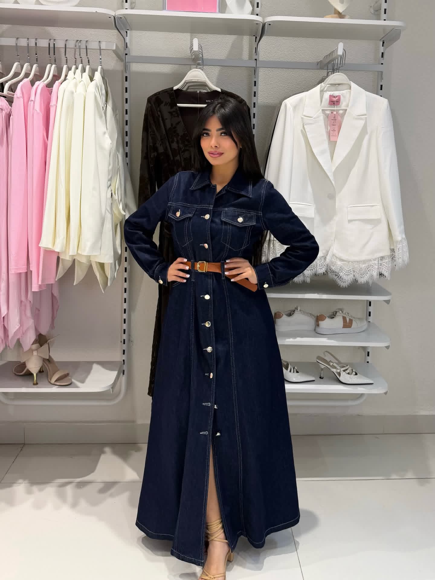 Denim maxi dress with a belt