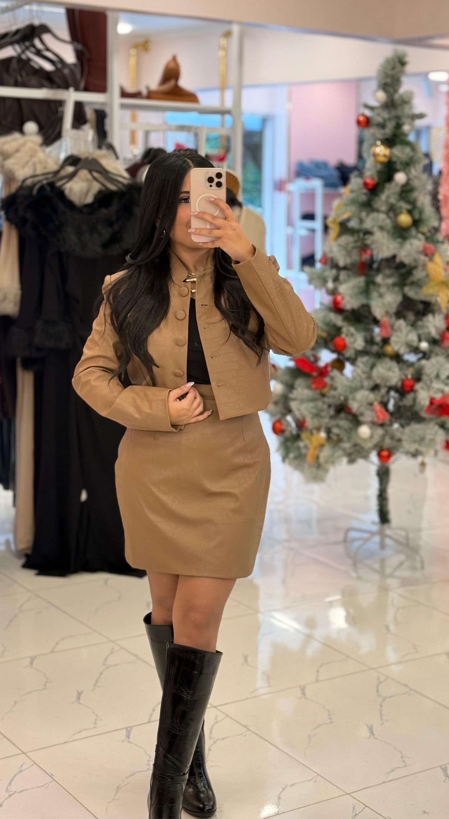 Chic Espresso Faux-Leather Cropped Jacket & Mini Skirt Co-ord Set