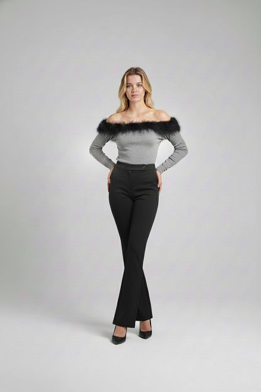 Grey Feather-Trim Off-Shoulder Top