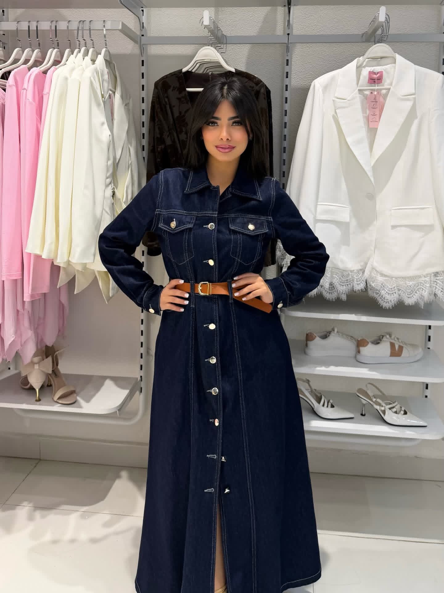 Denim maxi dress with a belt