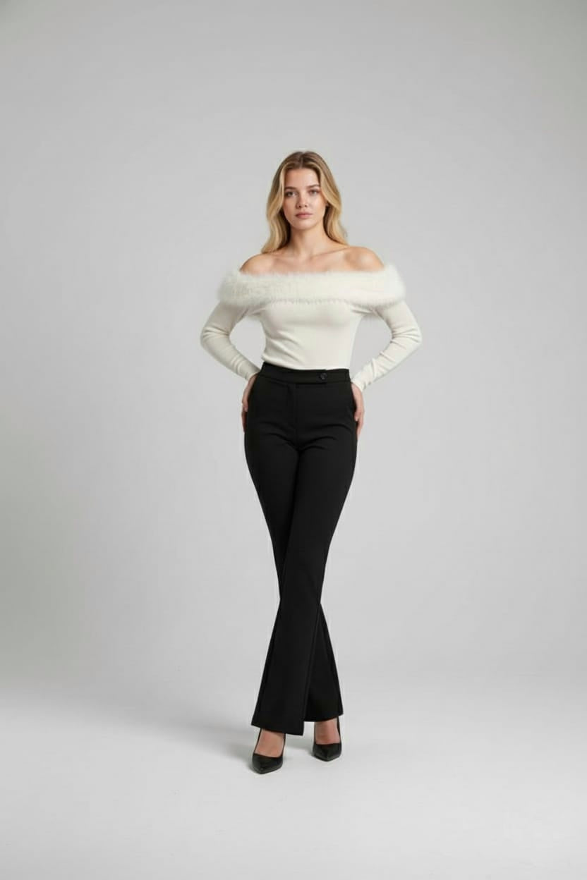 Grey Feather-Trim Off-Shoulder Top