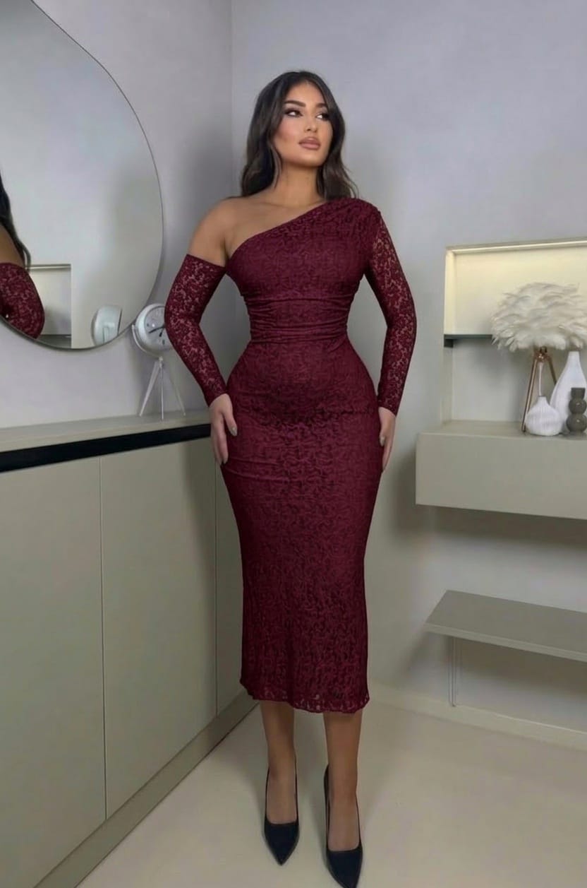 One-shoulder lace midi dress
