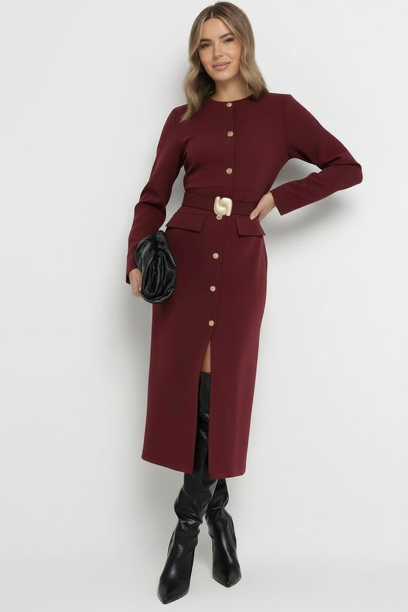 Elegance in Espresso: The Button-Front Trench Dress with Statement Belt