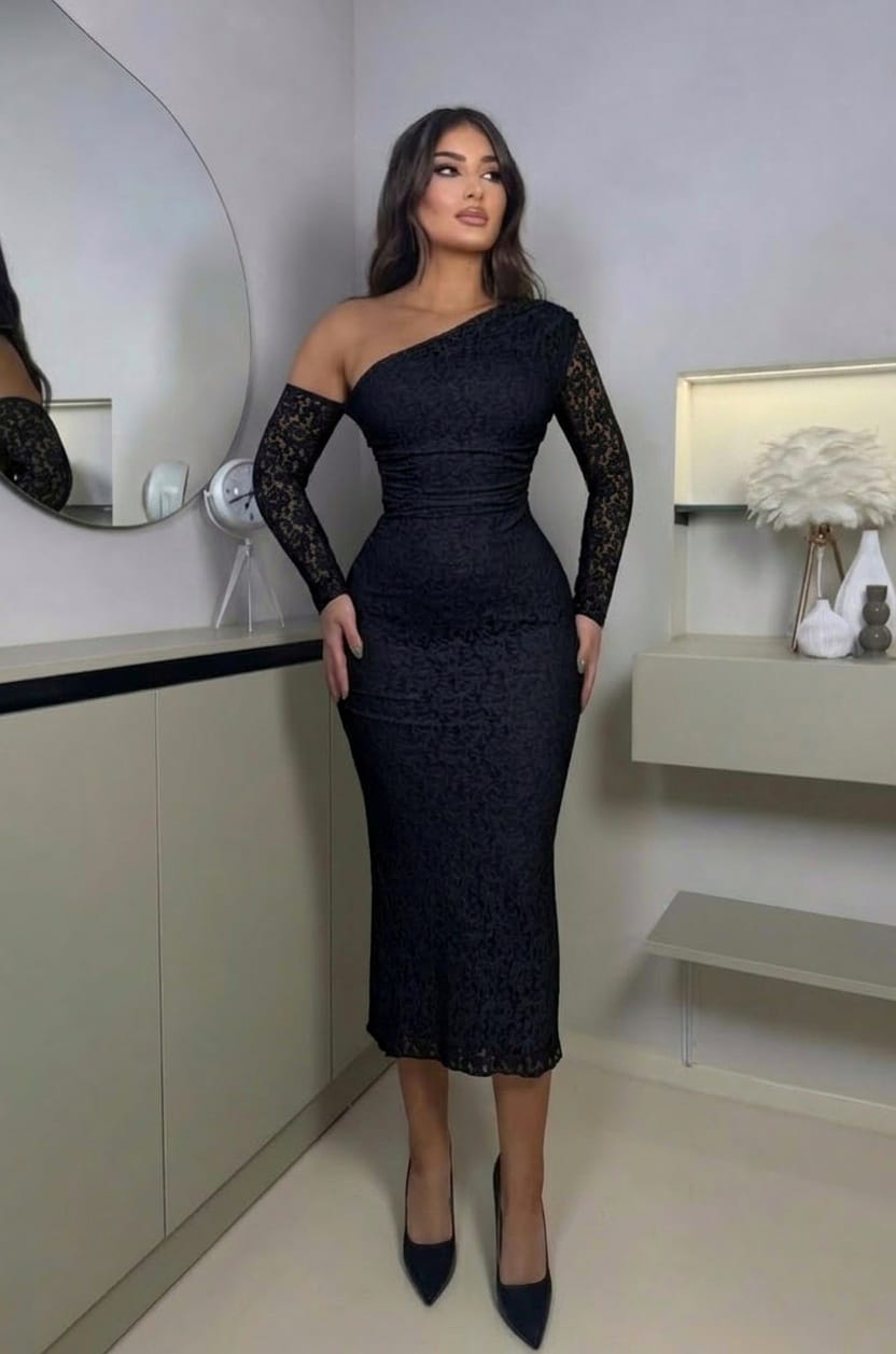 One-shoulder lace midi dress