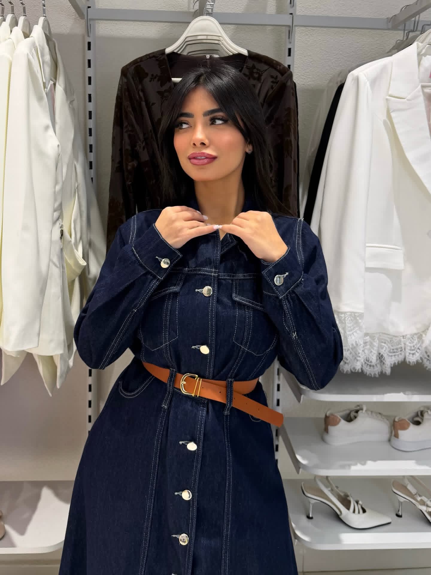 Denim maxi dress with a belt