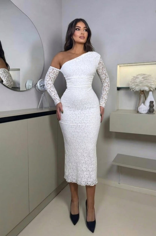One-shoulder lace midi dress