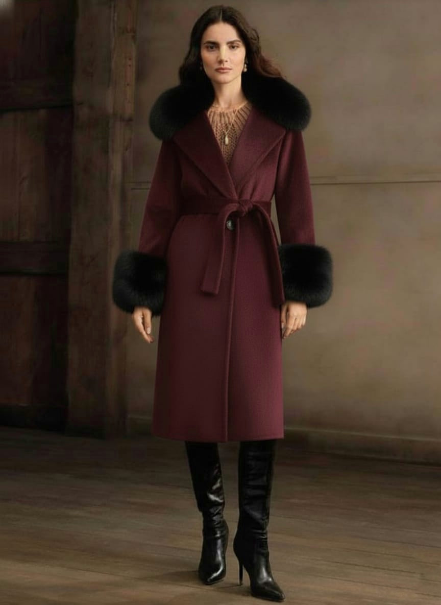 A wool blend coat with a belt, featuring a faux fur collar and cuffs.